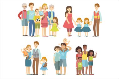 Mutlu aile birlikte poz karikatür tarzı düz vektör renkli çizimler beyaz zemin üzerine Basitleştirilmiş.