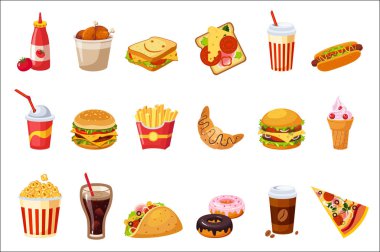 Beyaz arka plan üzerinde izole gerçekçi tasarım vektör Etiketler Fast Food öğeler kümesi.