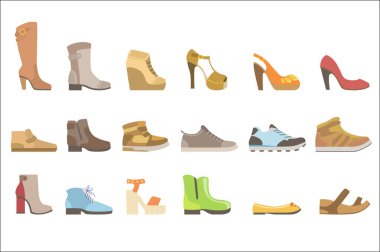 Farklı ayakkabı düz Basitleştirilmiş karikatür tarzı parlak renkli vektör çizim beyaz arka plan üzerinde ayarlayın..