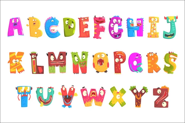 Colorful cartoon children English alphabet with funny monsters. Education and development of children detailed colorful Illustrations — Stock Vector