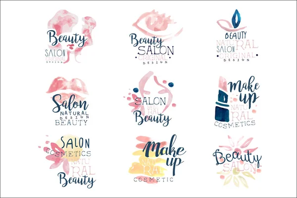 Design de logotipo de salão de beleza, conjunto de ilustrações coloridas desenhadas à mão aquarela —  Vetores de Stock