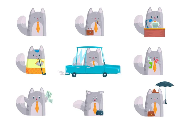 Lindo hombre de negocios gato personaje en el trabajo y el descanso, gato divertido en diferentes situaciones conjunto de dibujos animados coloridas ilustraciones — Archivo Imágenes Vectoriales