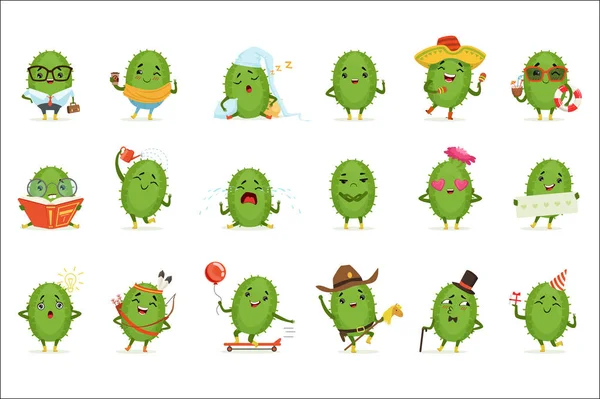 Cute cactus cartoon characters set, cacti activities with different emotions and poses, colorful detailed vector Illustrations — Stock Vector