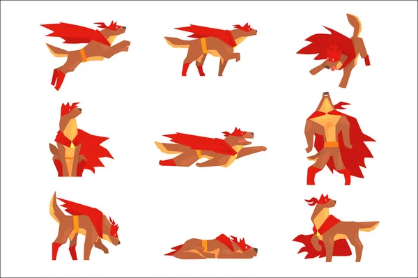 Conjunto de personajes de superhéroe perro, perro en diferentes poses con vector de capa roja Ilustraciones — Vector de stock