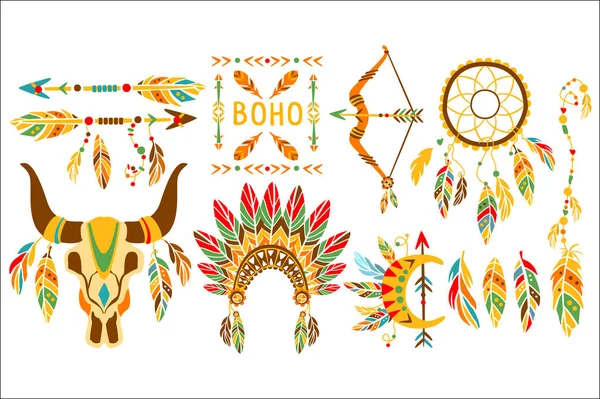 Insieme di disegno stile Boho elementi etnici indiani d'America — Vettoriale Stock