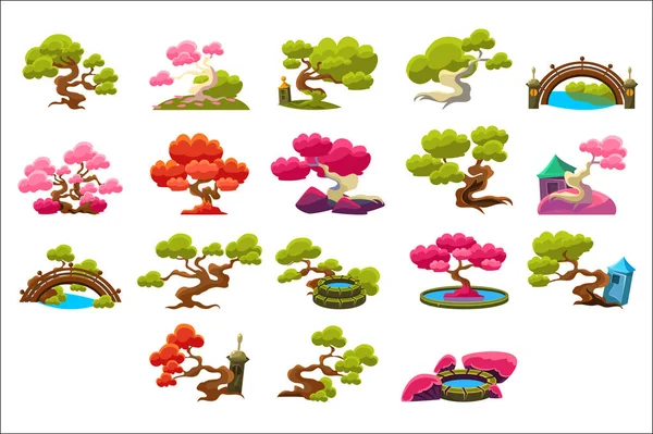 Japon tarzı ağaçlar Set Basitleştirilmiş izole parlak renk geleneksel tarzı vektör görüntüleri koyu arka plan. — Stok Vektör