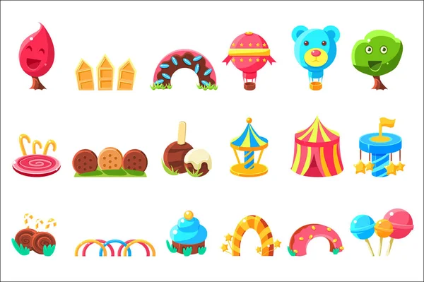Elementos del parque de atracciones hechos de dulces Conjunto de ilustraciones de estilo de dibujos animados infantiles de color brillante aislado . — Archivo Imágenes Vectoriales