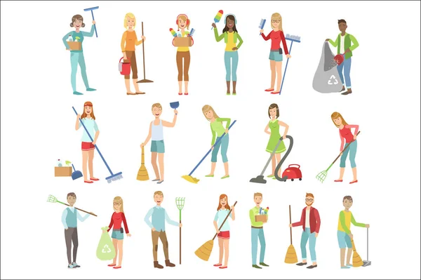 Adult People Cleaning Up Indoors Set Of Simple Cartoon Flat Vector Colorful Characters On White Background. — Stock Vector