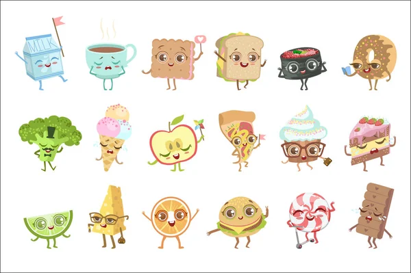 Farklı gıda çocukça karakter duygu ayarla, detaylı çok güzel düz vektör çizimler izole beyaz arka plan.