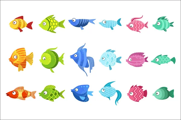 Juego de peces coloridos de lindas ilustraciones vectoriales de diseño infantil de color brillante aisladas sobre fondo blanco . — Archivo Imágenes Vectoriales