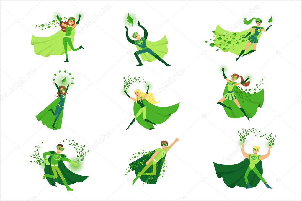 ECO superhero characters in action set, young men and women in green capes vector Illustrations