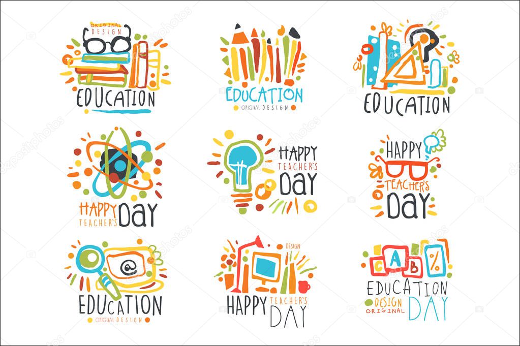Education labels original design, set of logo graphic templates colorful hand drawn vector Illustrations