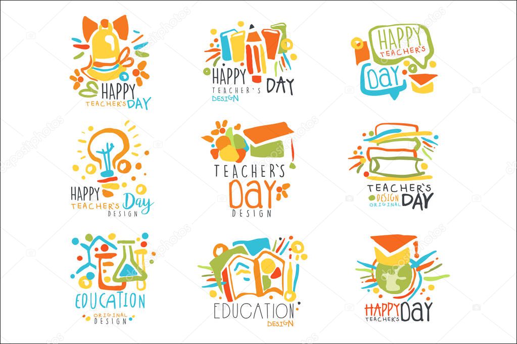 Happy Teachers Day labels, set of logo graphic templates colorful hand drawn vector Illustrations