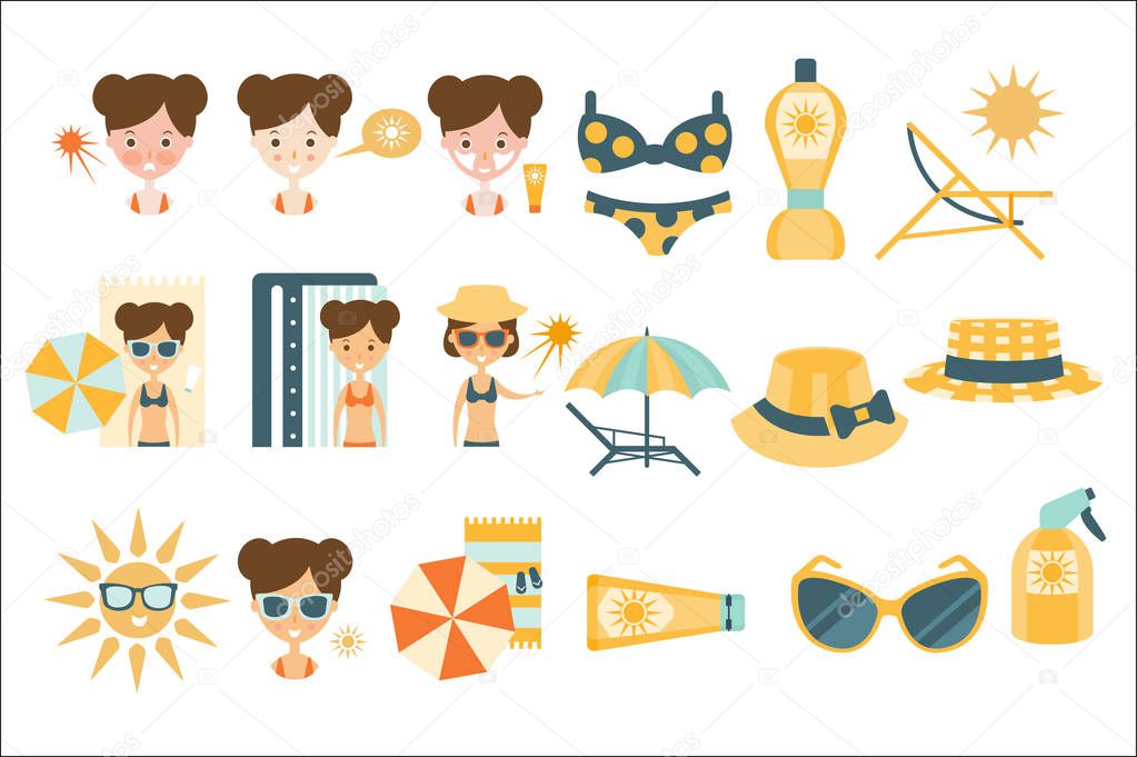 Woman Tanning And Using Skin Protection Flat Simple Cartoon Infographic Style Illustration On White Background.