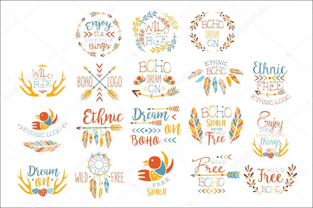 Boho Logo Hand Drawn Banner Set Of Artistic Decorative Vector Design Writing