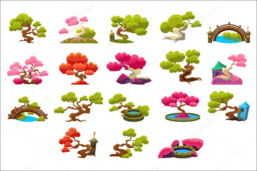 Japanese Style Trees Set Of Isolated Bright Color Simplified Traditional Style Vector Images On Dark Background.