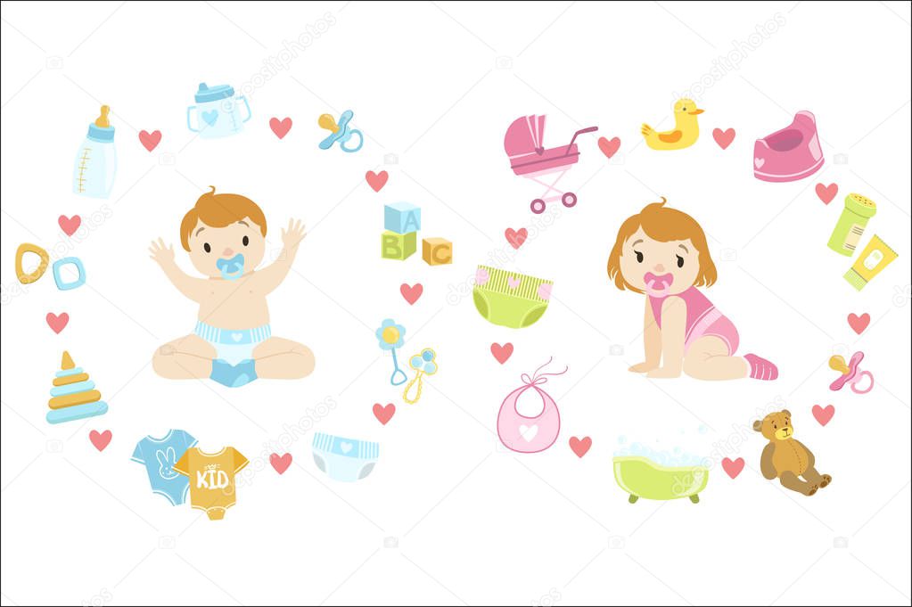 Baby Boy and girl Surrounded With Object It Needs