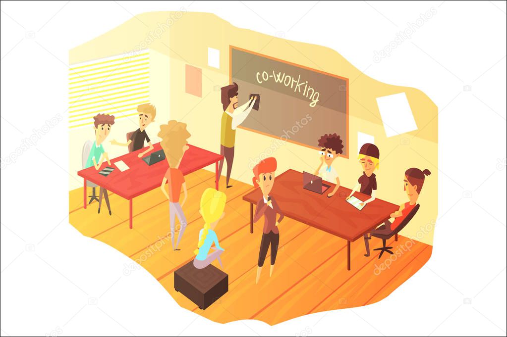 Co-working And Teamwork Class Colorful Childish Cartoon Design Vector Illustration.
