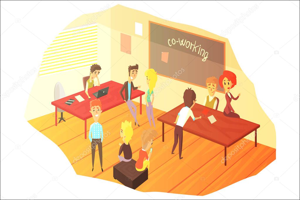 Co-working Office Space With Blackboard Colorful Childish Cartoon Design Vector Illustration.