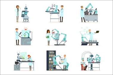 Yeni teknolojiler, yapay zeka ayarla, laboratuvarda Robotik makineler ile çalışan bilim adamları çizimler vektör