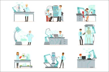 Yapay zeka, yeni teknolojileri ayarla, laboratuvar robot makineleri vektör çizimler ile çalışan bilim adamları