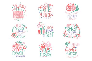 Çiçek Dükkanı kümesi logo Şablonlar renkli el çizilmiş vektör çizimler