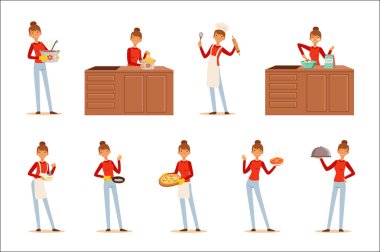 Beyaz önlük hazırlanmasında aşçı kadın Şef gülen ve çeşitli yemeklerle hizmet veren, renkli detaylı vektör çizimleri ayarla