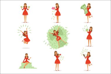 Kırmızı bir elbise onun parası, zevk mutlu genç zengin kadın ayarla renkli detaylı vektör çizimler