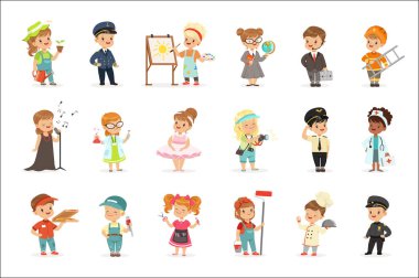 Cute kids in various professions set. Smiling little boys and girls in uniform with professional equipment colorful vector illustrations clipart