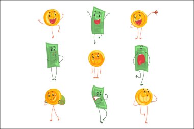 Şirin komik banknotlar insanlaşmış ve renkli karakter kümesi farklı duygular gösterilen sikke vektör çizimler