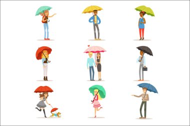 Renkli şemsiyeler grubu kümesi. Beyaz arka plan üzerinde izole çizimler vektör gülümseyen adam ve şemsiye renkli karakterler altında yürüyen kadın