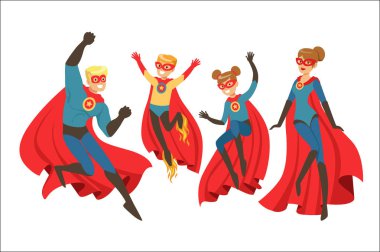 Süper kahramanlar mutlu aile ayarlayın. Süper kahramanlar renkli vektör çizimler gibi giyinmiş babaların çocukları gülümseyen