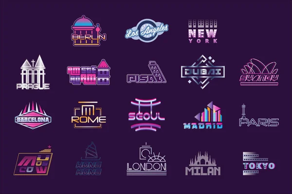 Dünya şehirler etiketleri kümesi, logo grafik şablonları çizimler vektör — Stok Vektör