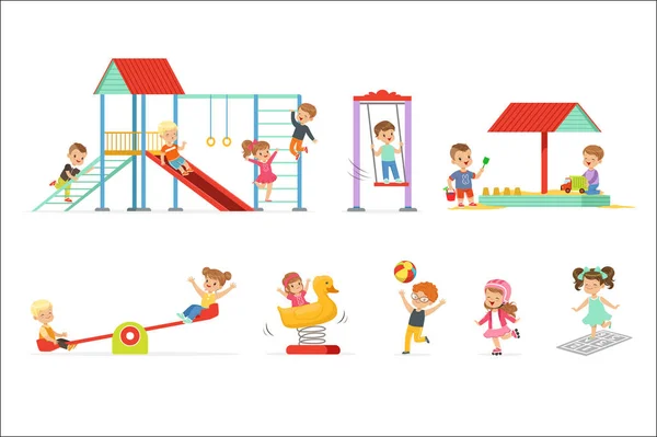 Niedlichen cartoon kleine Kinder spielen und Spaß am Spielplatz-Set, Kinder spielen im Freien Vektor-Illustrationen — Stockvektor