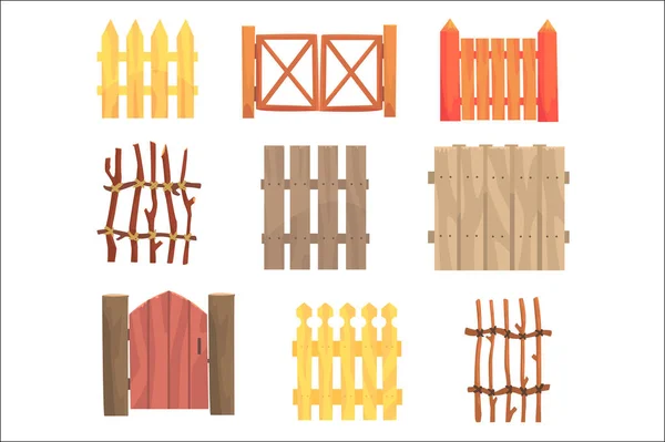 Diferentes cercas de madeira jardim e portões conjunto, sebes rurais vetor Ilustrações — Vetor de Stock