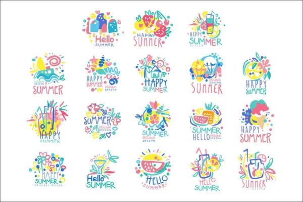 Happy Summer logo template original design set, colorful hand drawn vector Illustrations — Stock Vector