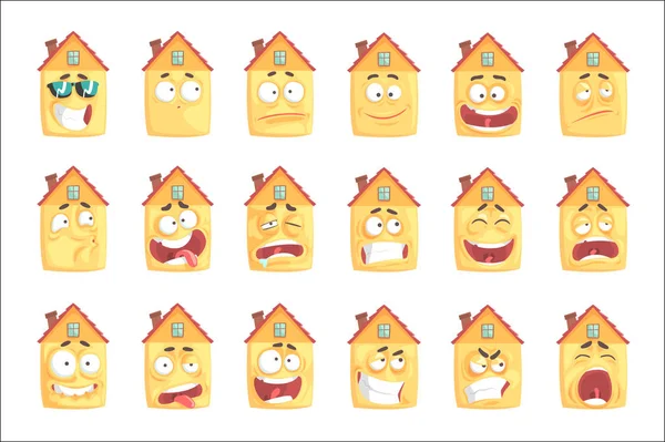 Cute cartoon humanized house with many expressions set of vector Illustrations — стоковый вектор