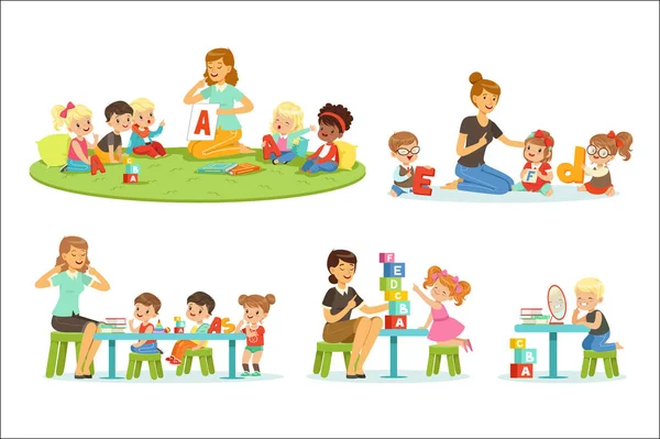 Teacher explaining alphabet to children around her set. Smiling little boys and girls playing and studying in kindergarten vector illustrations — Stock Vector