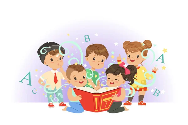 Söta lilla barn läsa sagor inställd. Barnens drömvärld färgglada vektor illustrationer — Stock vektor