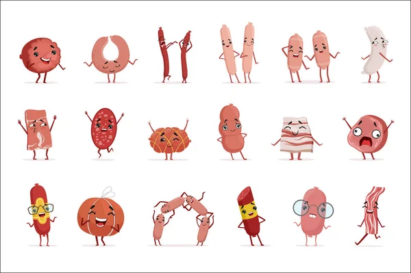 Słodkie śmieszne humanizowane kiełbasa Wyświetlono zestaw różnych emocji wektor znaków kolorowe ilustracje — Wektor stockowy