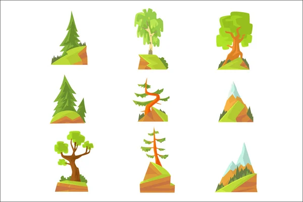 針葉樹と落葉樹を設定します。様々 な自然風景の木のカラフルなベクトル イラスト — ストックベクタ