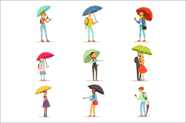 Des gens avec des parasols. Homme et femme souriants marchant sous le parapluie personnages colorés vecteur Illustrations isolées sur fond blanc — Image vectorielle