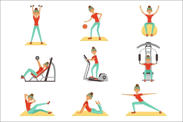在与运动器材健身房锻炼健身女人设置的炫彩矢量插图 — 图库矢量图片