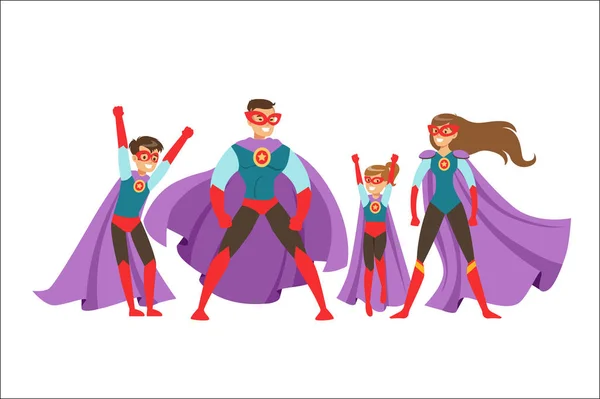 Famille de super-héros. Parents souriants et leurs enfants vêtus de costumes de super-héros illustrations vectorielles colorées — Image vectorielle