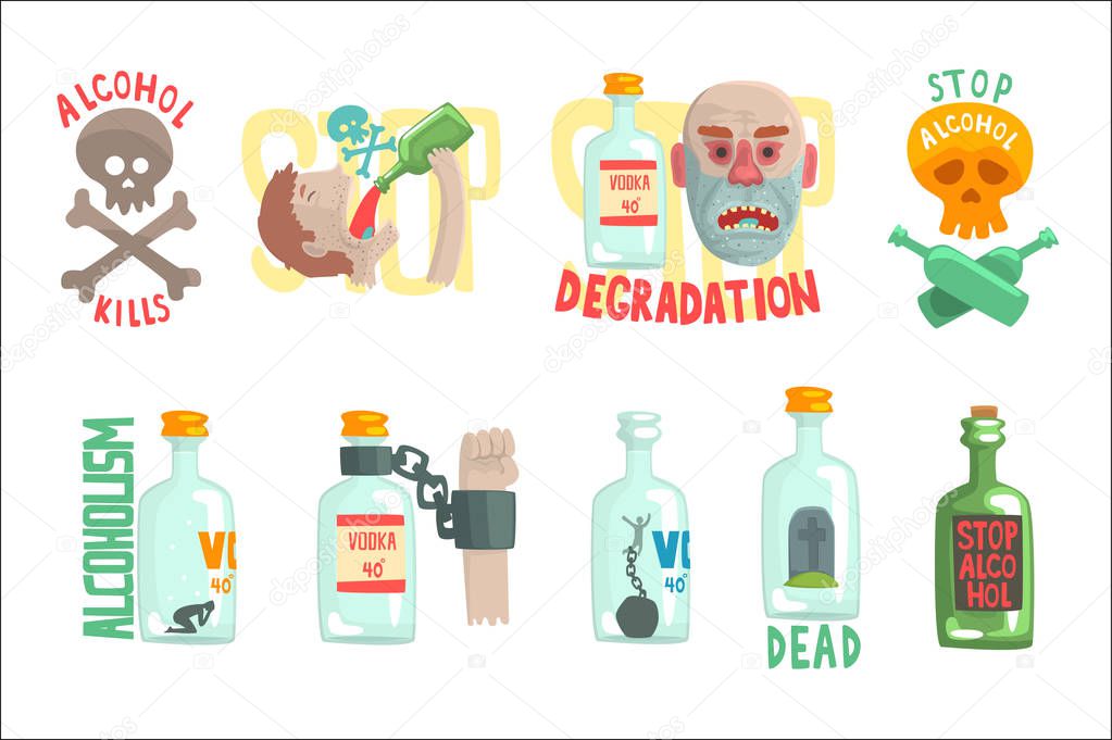 Dangers and risk from alcohol set, alcoholism vector Illustrations