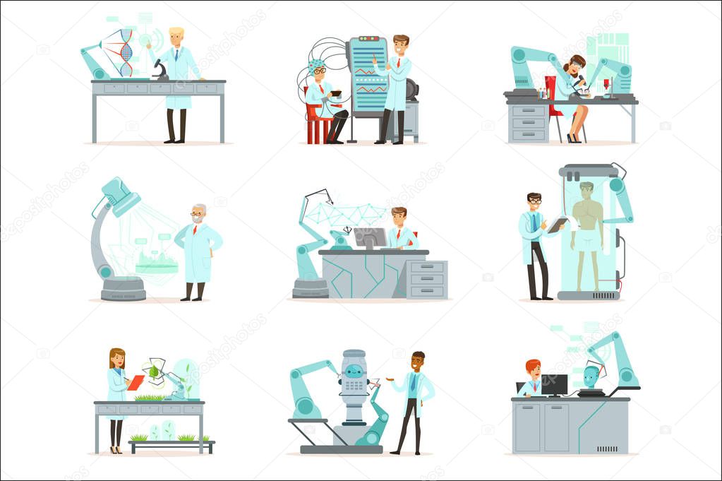 Artificial intelligence, new technologies set, scientists working in the laboratory with robotic machines vector Illustrations
