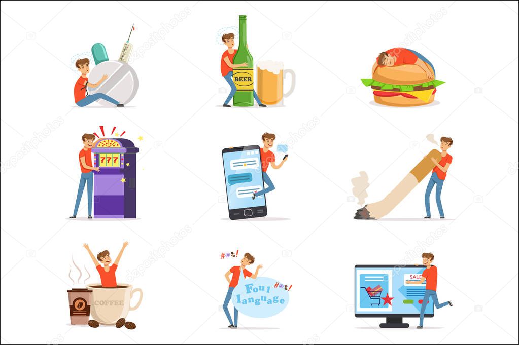 Bad habits set, alcoholism, drug addiction, smoking, gambling addiction, smartphone, shopping, coffeemania, gluttony with obesity vector Illustrations