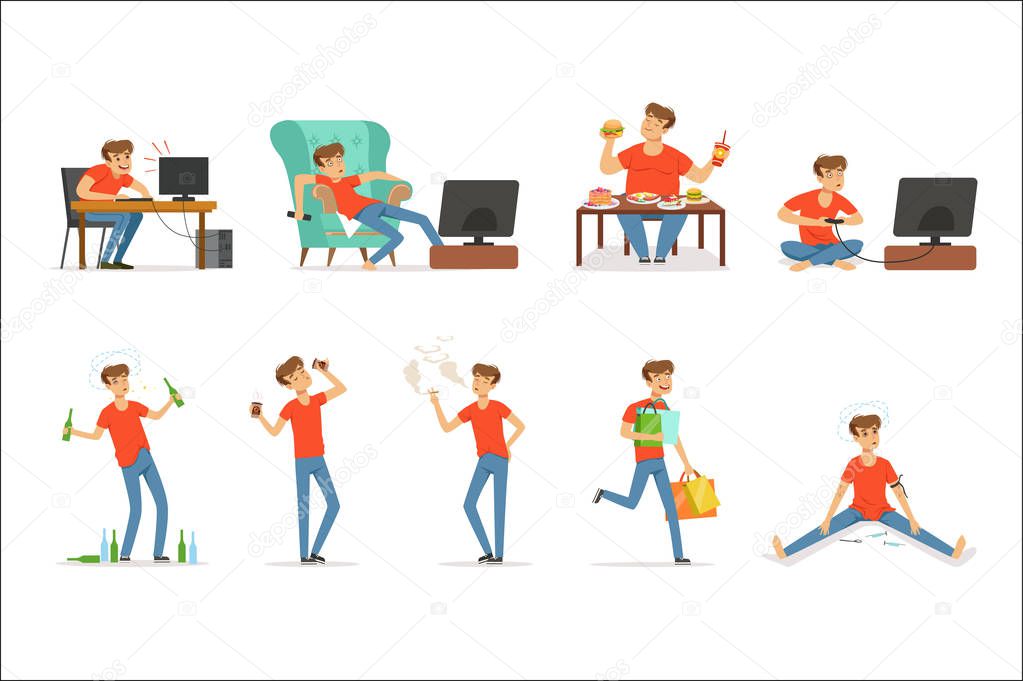 Bad habits set, alcoholism, drug addiction, smoking, dependence of computer and video games, shopping, gluttony with obesity vector Illustrations