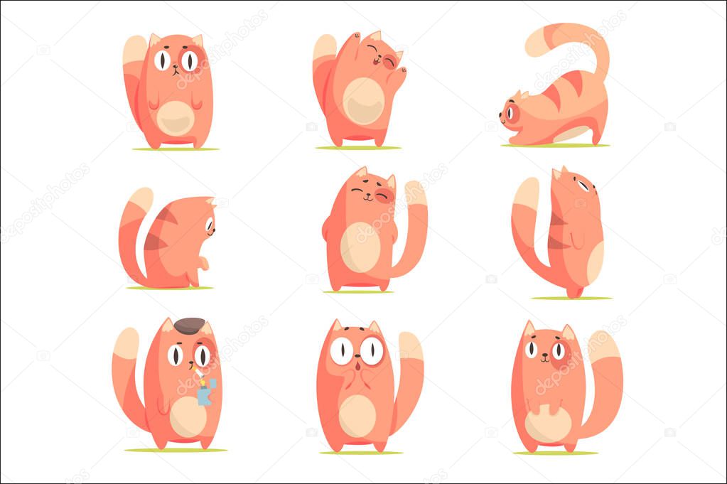 Cute red cartoon cat character with different emotions set of vector Illustrations