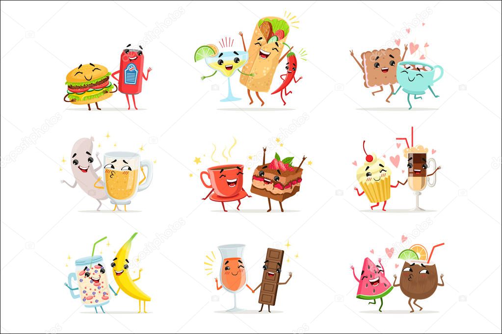Cute funny food characters having fun vector Illustrations